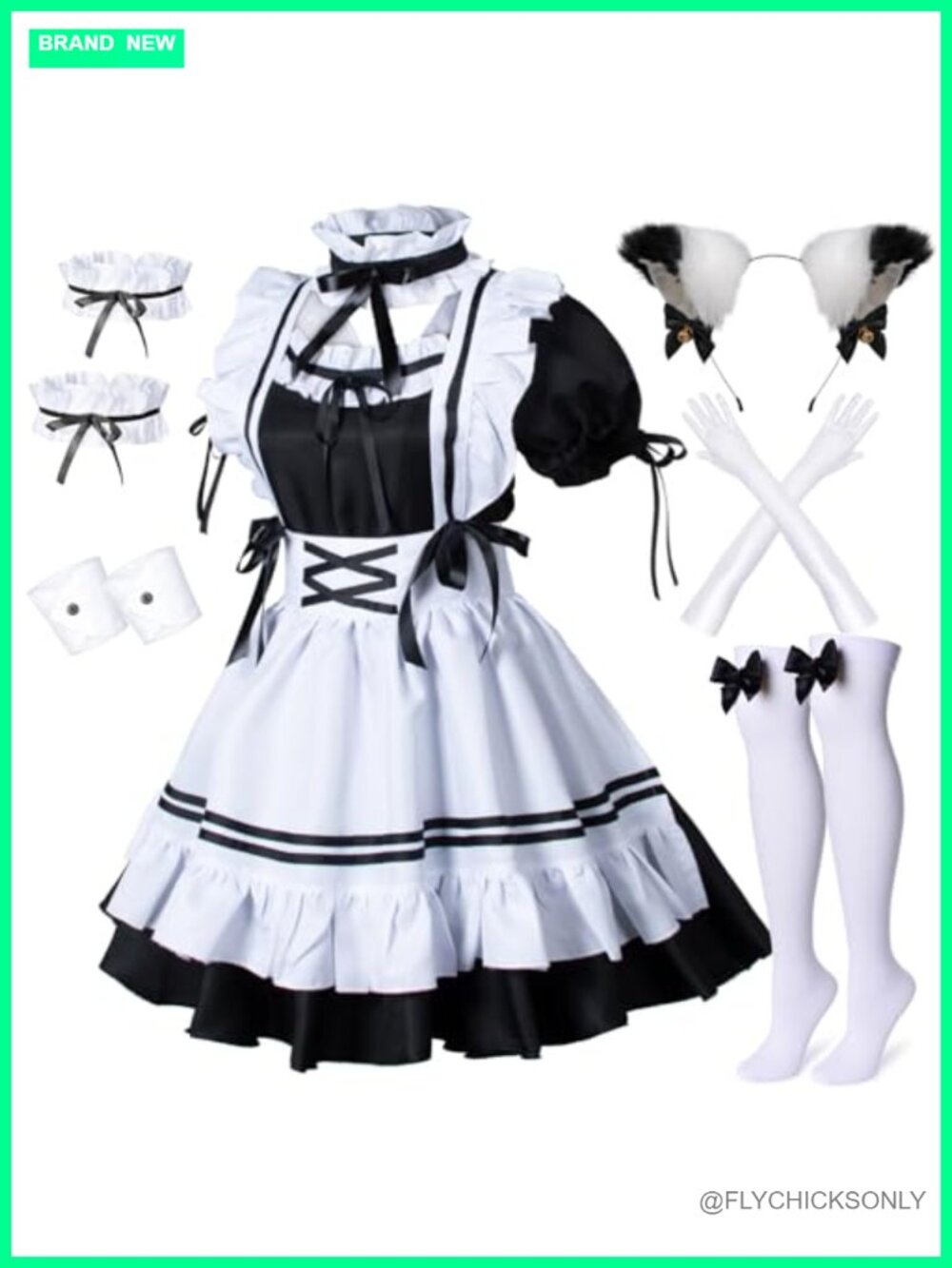 Lolita French Maid Cosplay Costume with Cat Ears, Gloves & Socks Set (L)